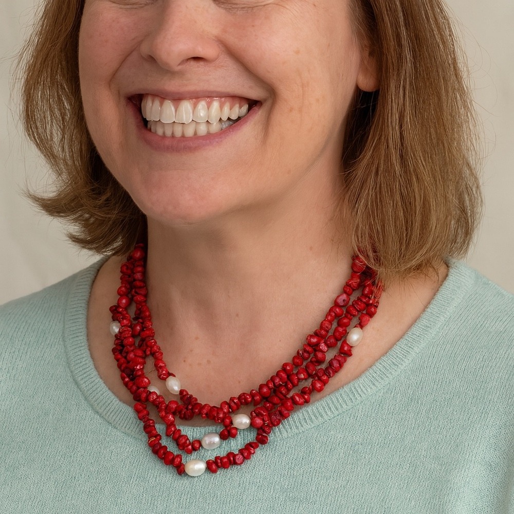 Lucas Lameth Red Coral Pearl Multi Strand Necklace 18" Natural Beaded Statement